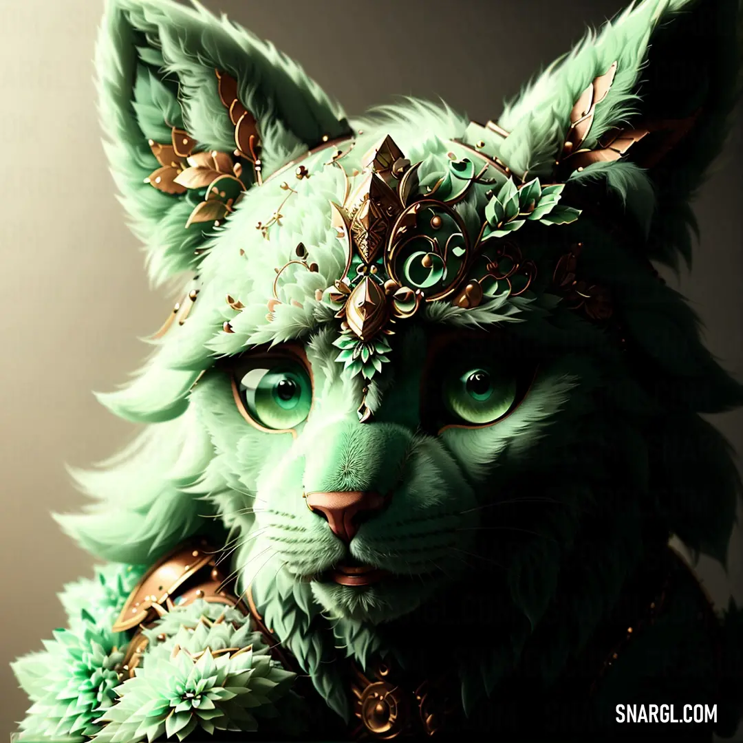 Green cat with a crown on its head and a green fur coat on its head and a gold chain around its neck. Color #BDF0B6.