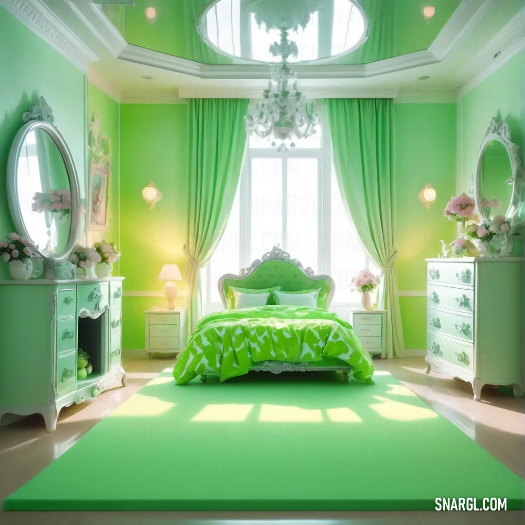 Bedroom with a green bed and a chandelier and a green rug on the floor. Example of CMYK 37,0,40,0 color.