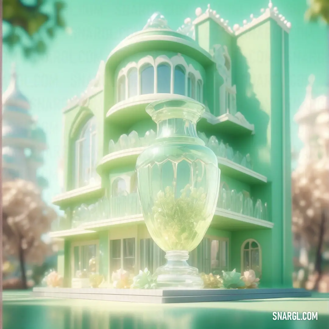 Green building with a large vase in front of it on a sunny day with trees and bushes in the foreground. Color #BDF0B6.
