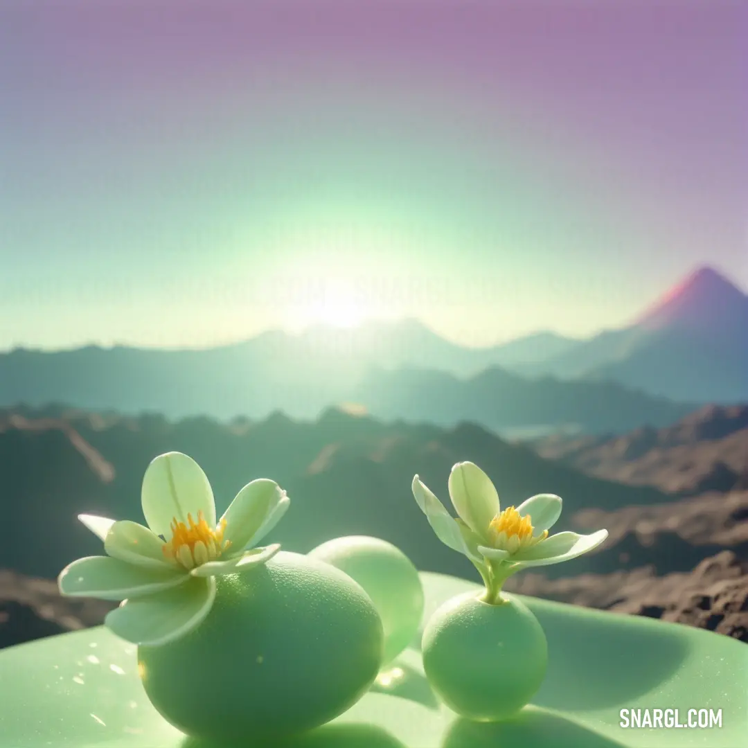 NCS S 1030-G10Y color. Two flowers are placed on a plate in the desert with mountains in the background