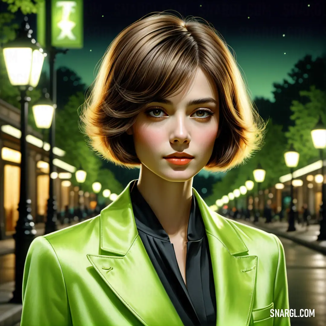 NCS S 1030-G30Y color. Painting of a woman in a green jacket on a city street at night with street lights