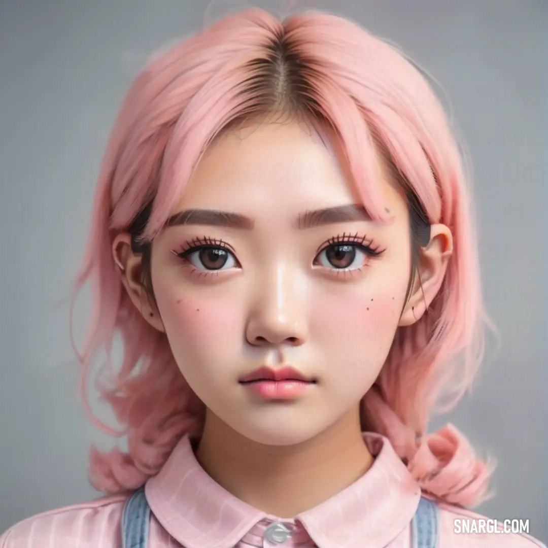 Girl with pink hair and a pink shirt and suspenders is looking at the camera with a serious look on her face. Color #FFB2B8.