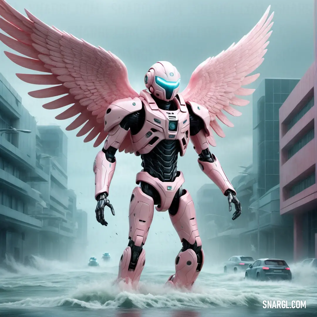Robot with wings standing in the water in a city setting with buildings and cars in the background. Example of #FFB2B8 color.