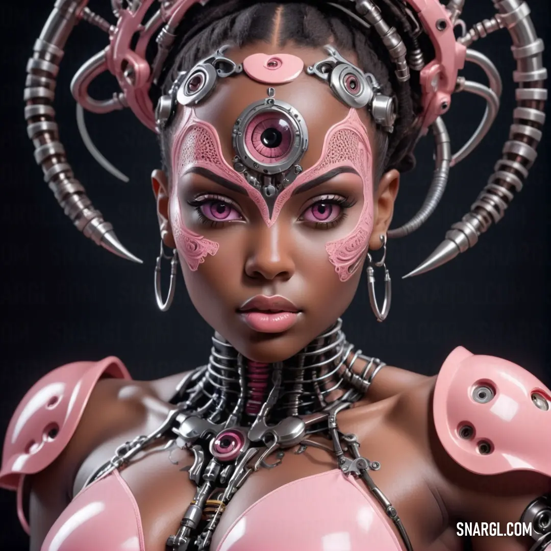 Woman with a weird face and pink makeup is wearing a futuristic outfit with metal parts. Color RGB 255,178,184.