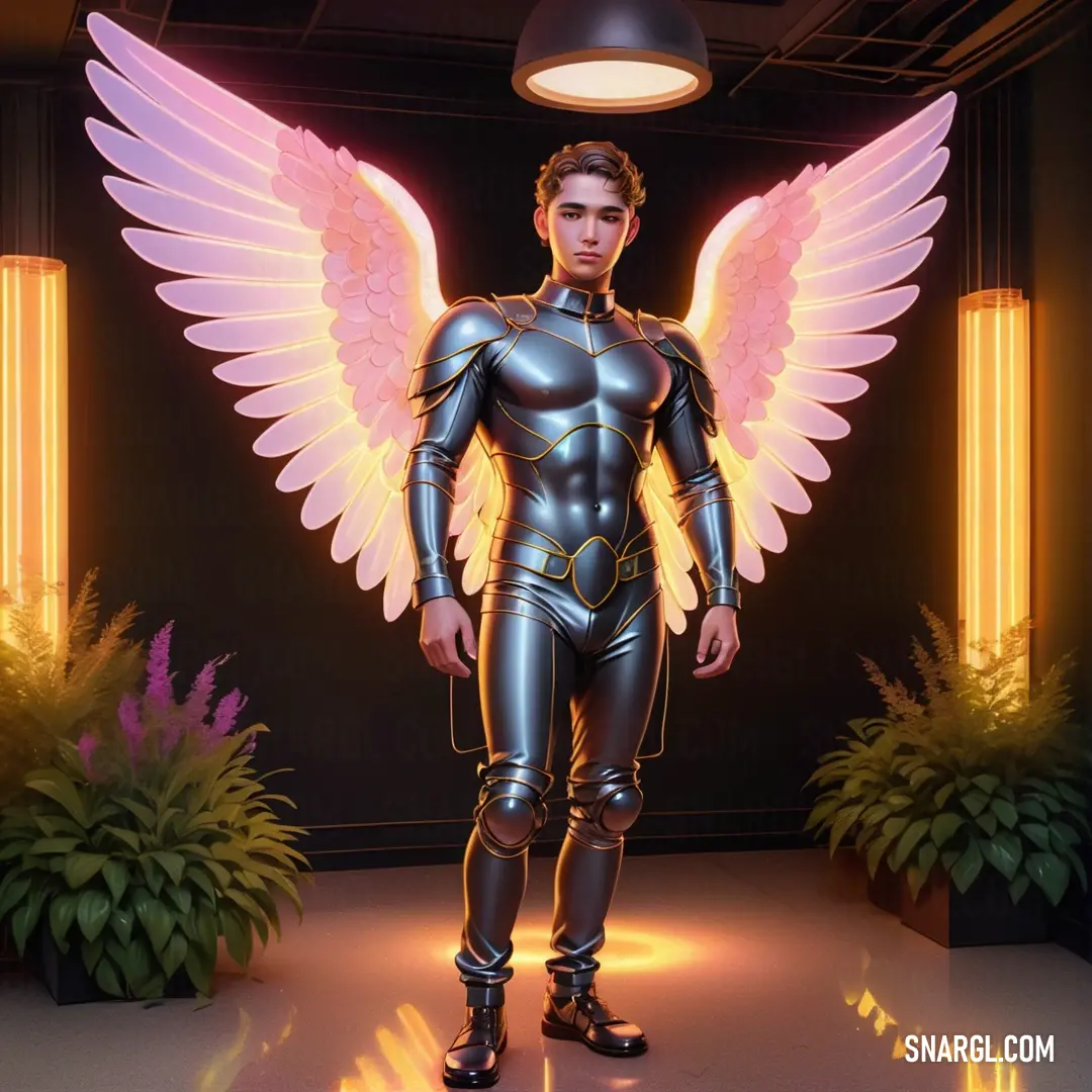 Man in a futuristic suit with wings on his chest. Example of #FFB4C2 color.