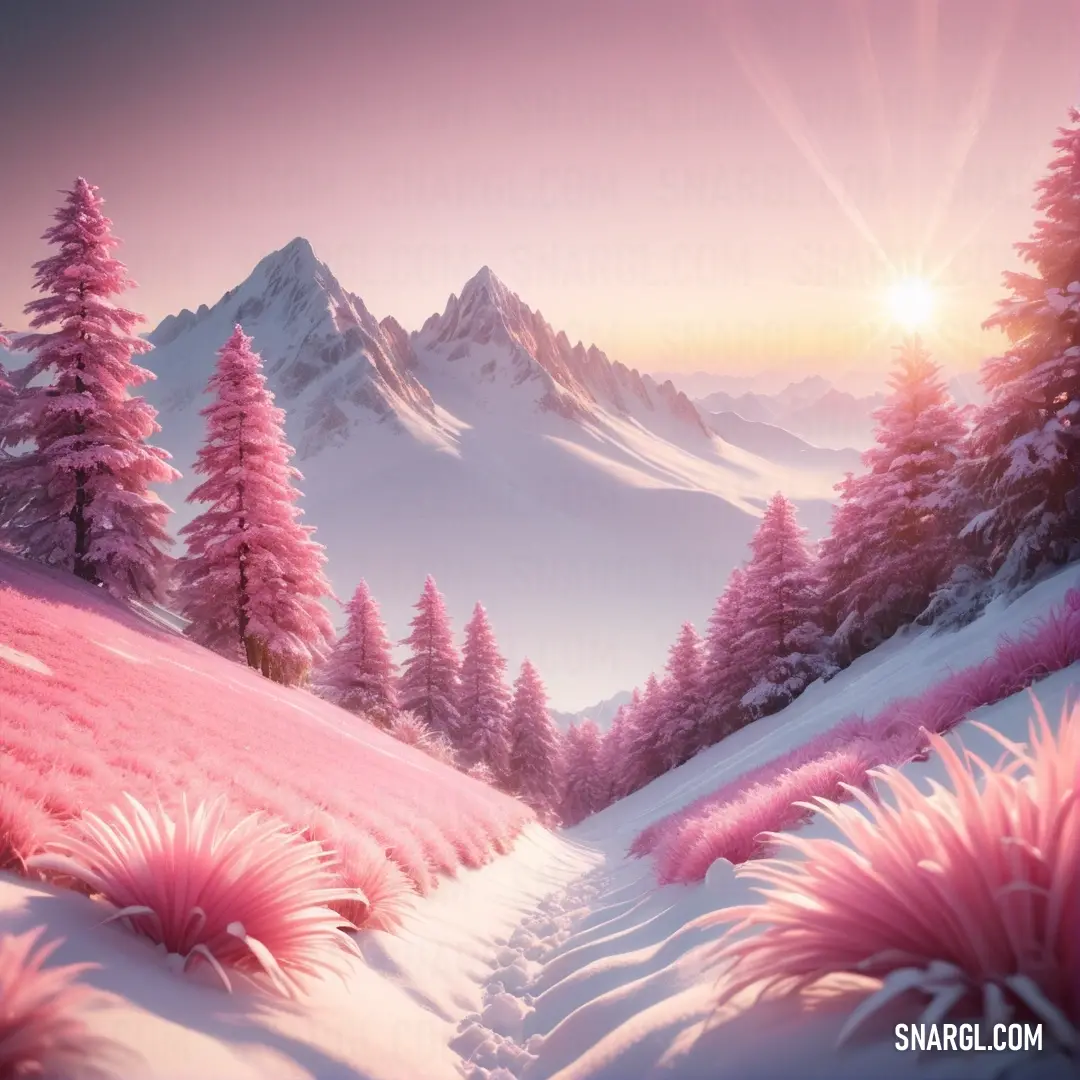 NCS S 1030-R10B color. Painting of a snowy mountain landscape with pink flowers and trees in the foreground