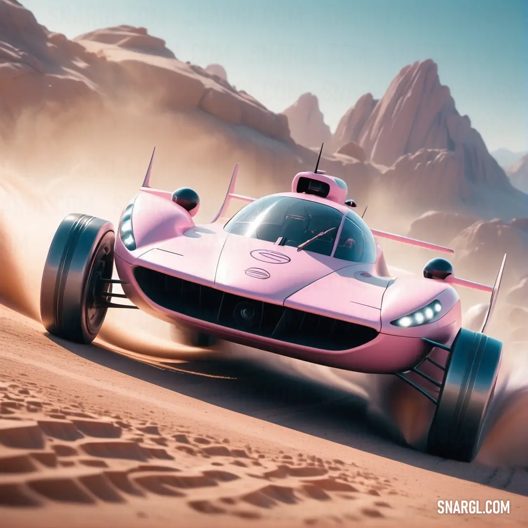 Pink car driving through a desert landscape with mountains in the background. Example of RGB 255,180,194 color.