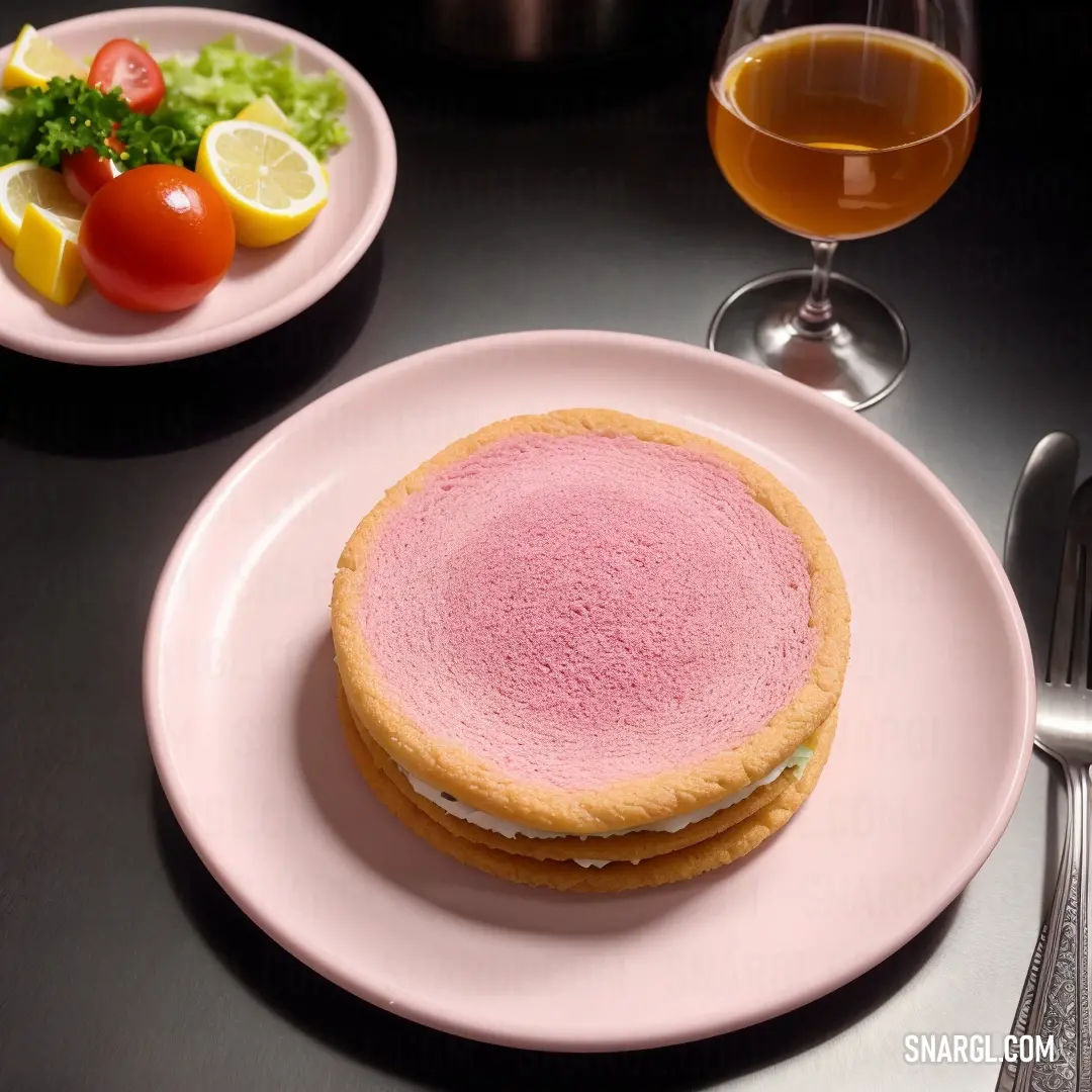 Plate with a sandwich and a glass of wine on a table with utensils and a fork. Example of #FFB4C2 color.