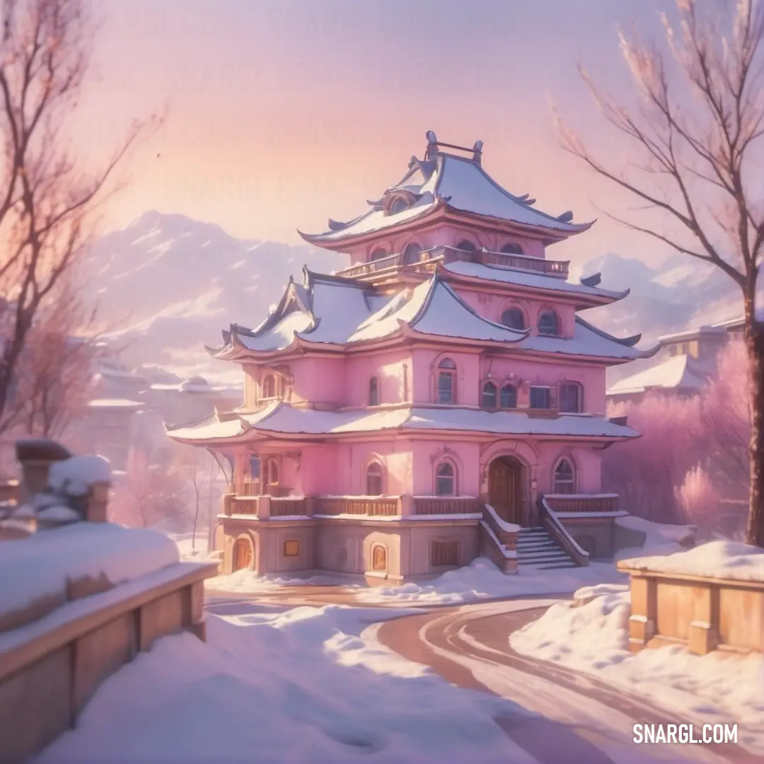 Pink building with a snow covered roof and a snowy landscape behind it. Color #FBAEC7.
