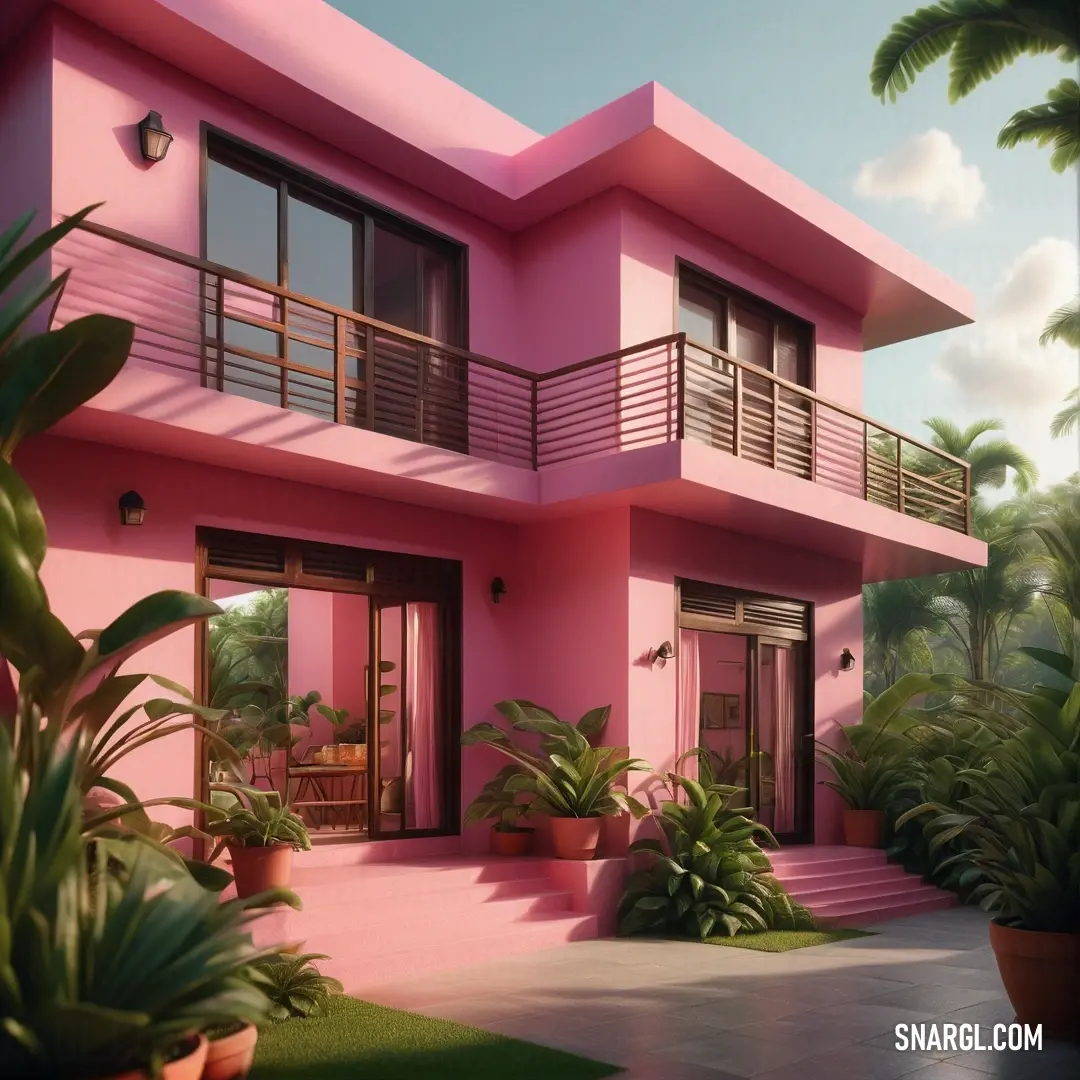 Pink house with a balcony and a balcony with plants on the lawn and a potted plant in front of it. Color RGB 251,174,199.
