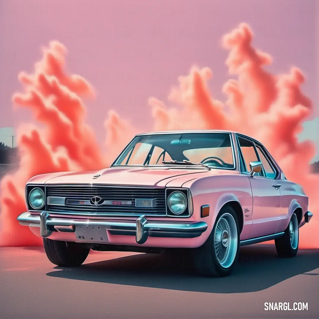 Pink car is parked in a parking lot with a pink sky in the background. Example of RGB 251,174,199 color.