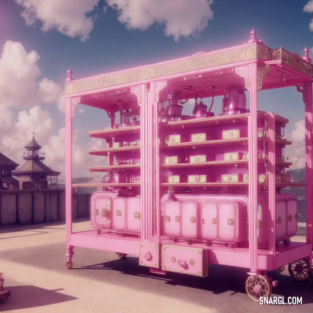 Pink cart with lots of luggage on it's wheels and a sky background. Color NCS S 1030-R20B.