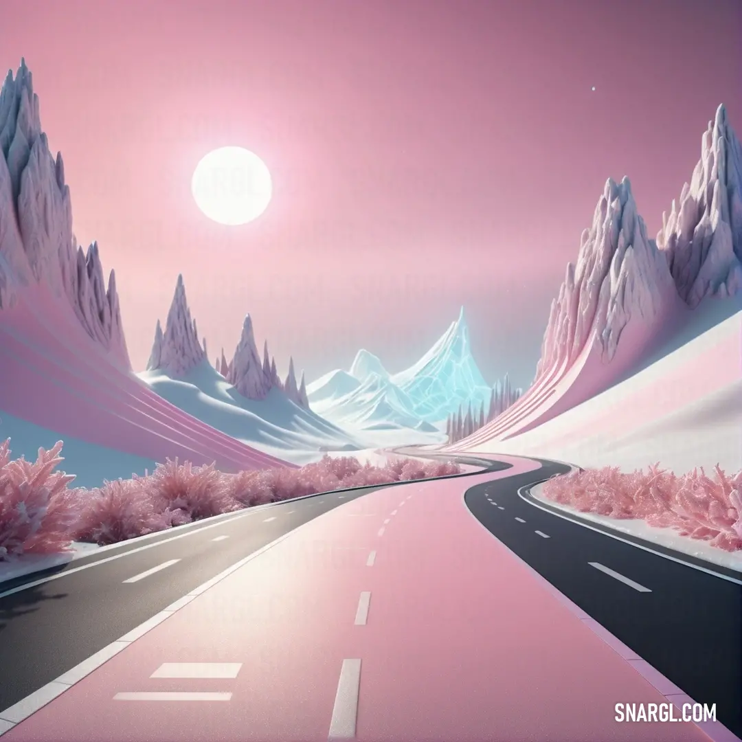 Painting of a road with mountains in the background. Color CMYK 0,40,3,5.