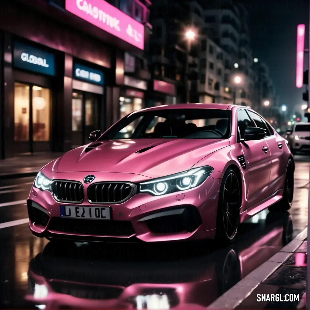 Pink car parked on a city street at night time with a pink light on it's headlight. Color RGB 232,170,196.