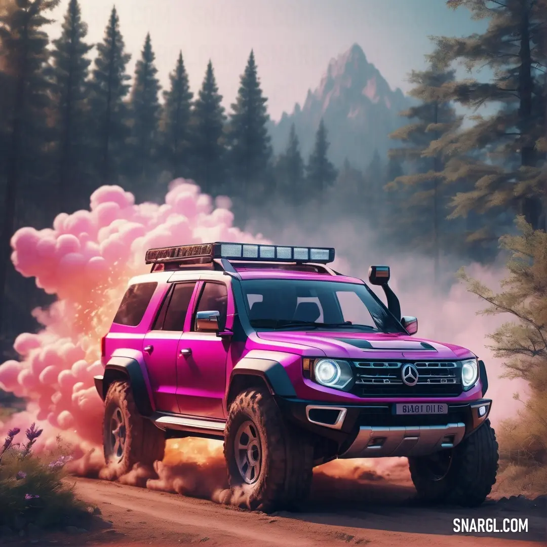 Pink truck driving down a dirt road next to a forest filled with trees and pink smoke coming out of the back of it
