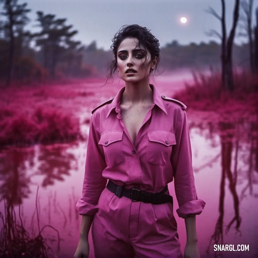 Woman in a pink jumpsuit standing in a swampy area with a full moon in the background. Example of RGB 232,170,196 color.