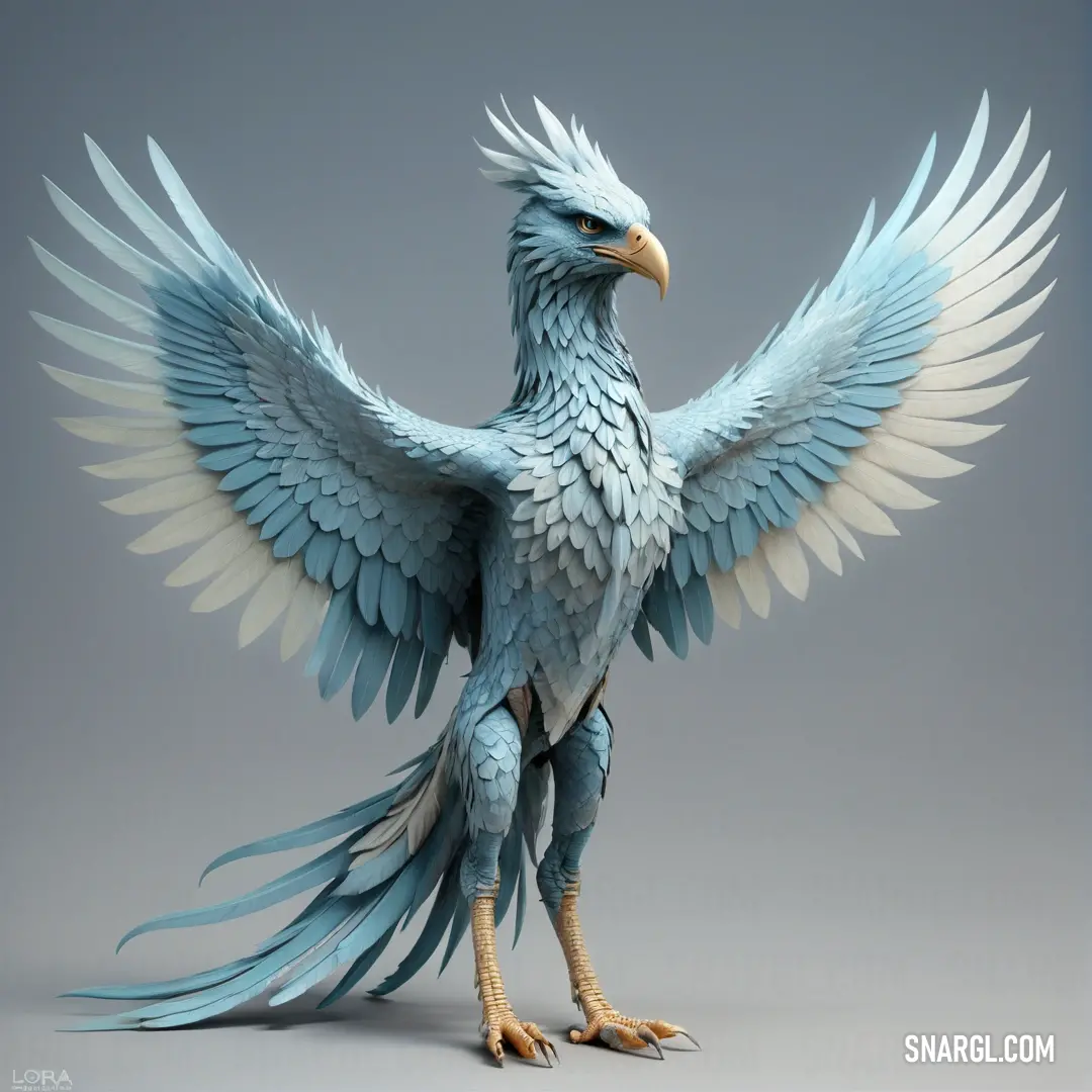 Blue bird with white wings and a yellow beak is standing on its hind legs. Example of #B6D4ED color.