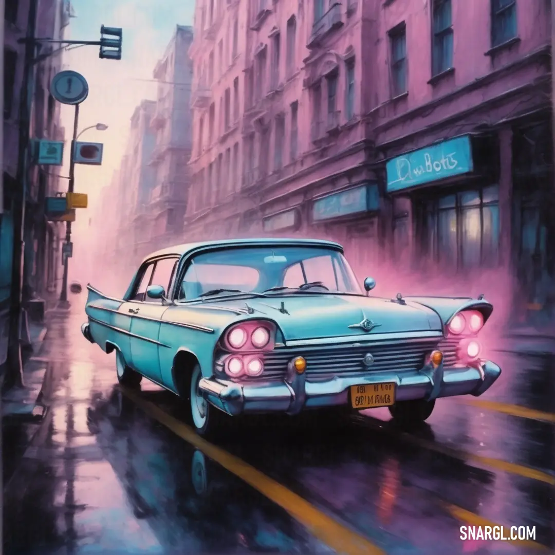 Painting of a car driving down a street in the rain with a building in the background. Example of RGB 182,212,237 color.