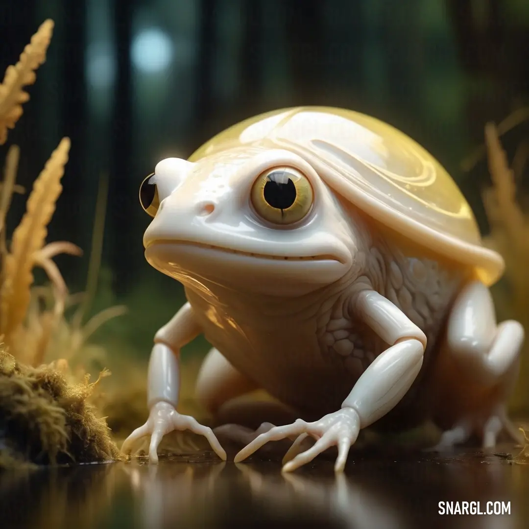 Frog with a yellow shell on the ground next to plants and grass with a blurry background. Color RGB 246,222,138.