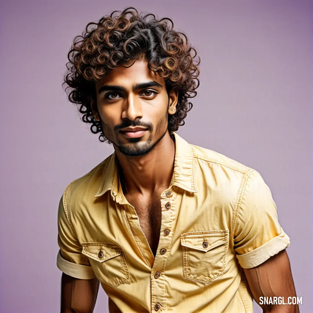Man with curly hair and a yellow shirt on posing for a picture with a purple background. Color RGB 250,219,138.