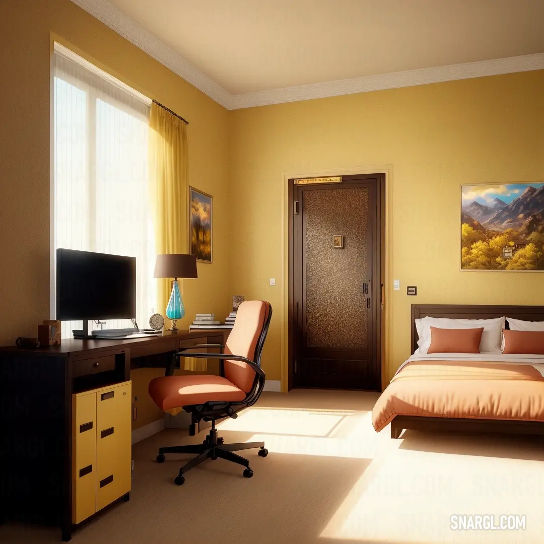 Bedroom with a bed, desk. Example of NCS S 1030-Y10R color.