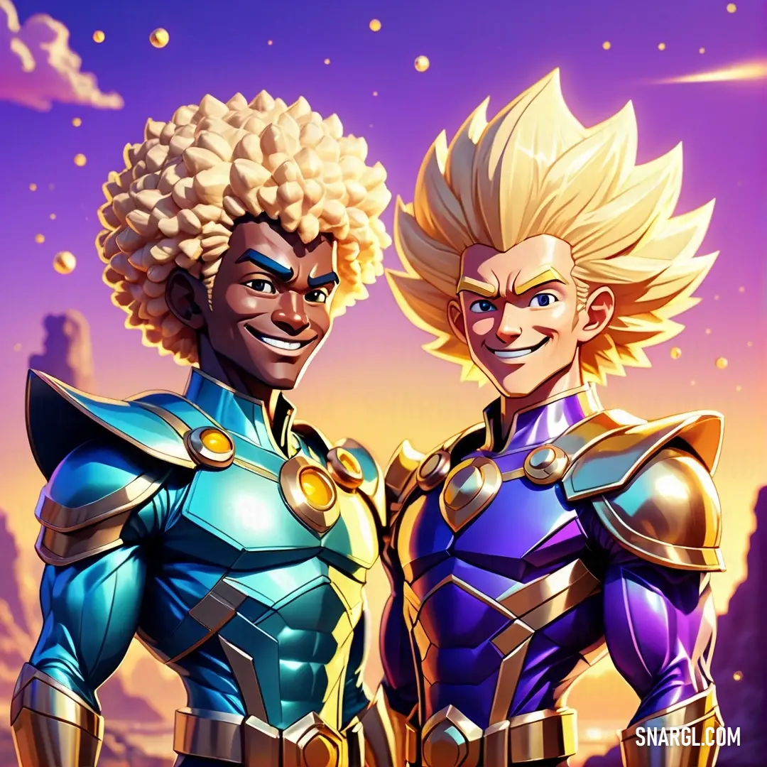 Two men in armor standing next to each other in front of a sunset background. Color NCS S 1030-Y20R.