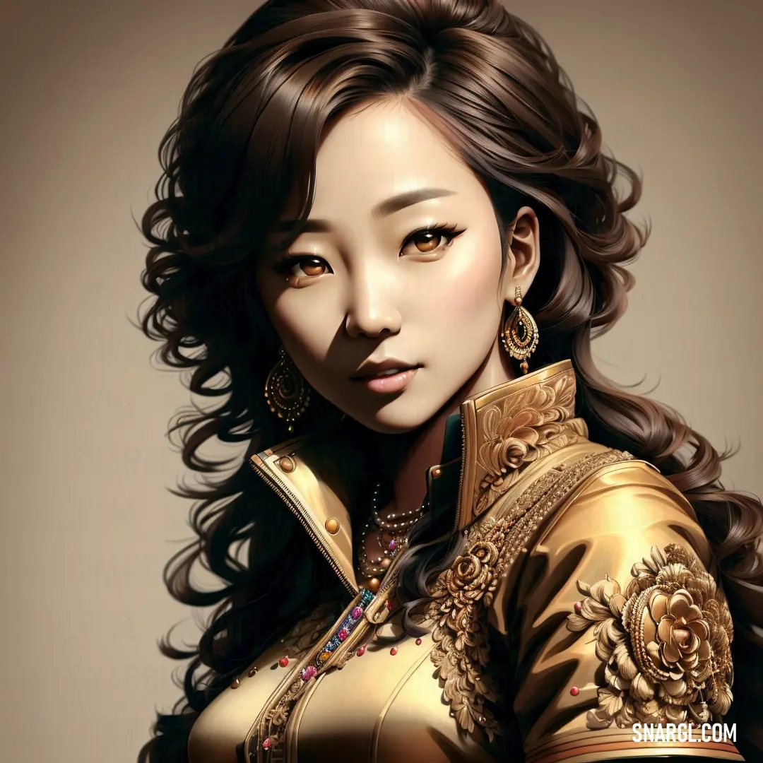 Woman with long hair wearing a gold dress and earrings, with a brown background. Color RGB 255,203,120.
