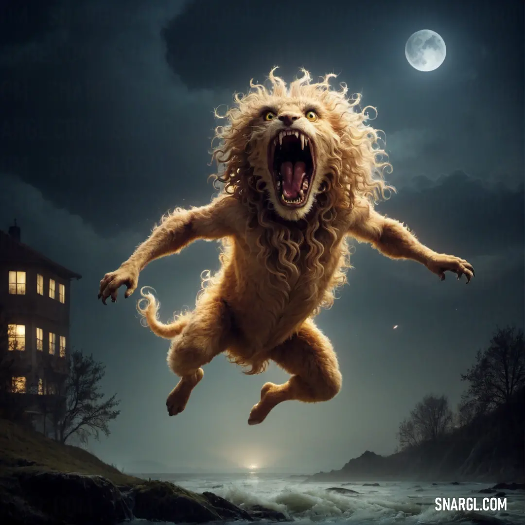 Lion jumping into the air with its mouth open and it's teeth wide open. Example of RGB 255,203,138 color.