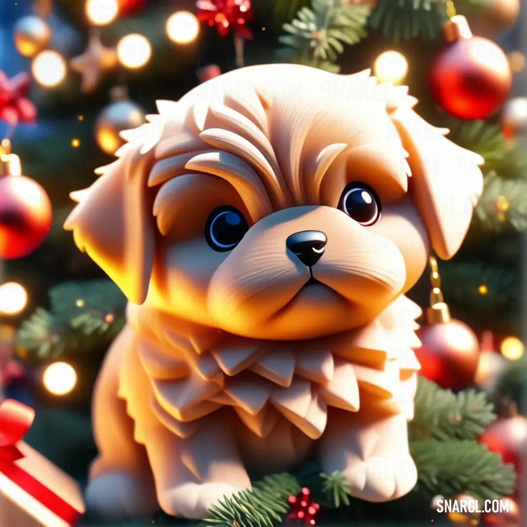 Dog in front of a christmas tree with a candy cane in its mouth. Color #FFCB8A.