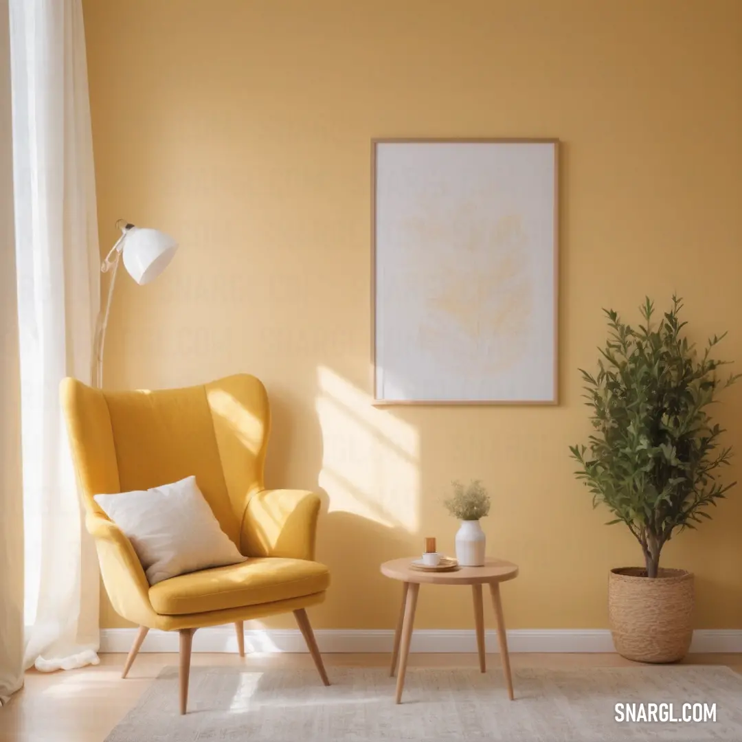 NCS S 1030-Y30R color example: Living room with a yellow chair and a white rug and a plant in a pot on a table