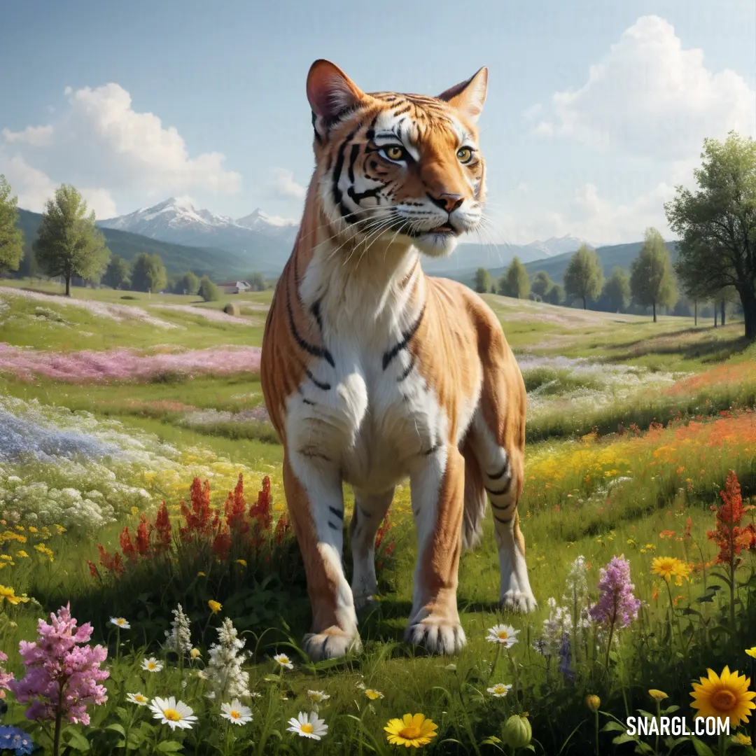 Painting of a tiger standing in a field of flowers and grass with mountains in the background. Color CMYK 0,26,51,0.
