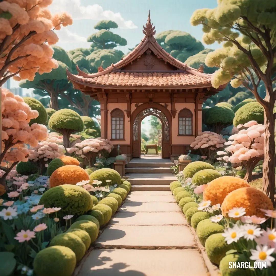 Painting of a garden with a pagoda in the background. Example of RGB 255,191,132 color.