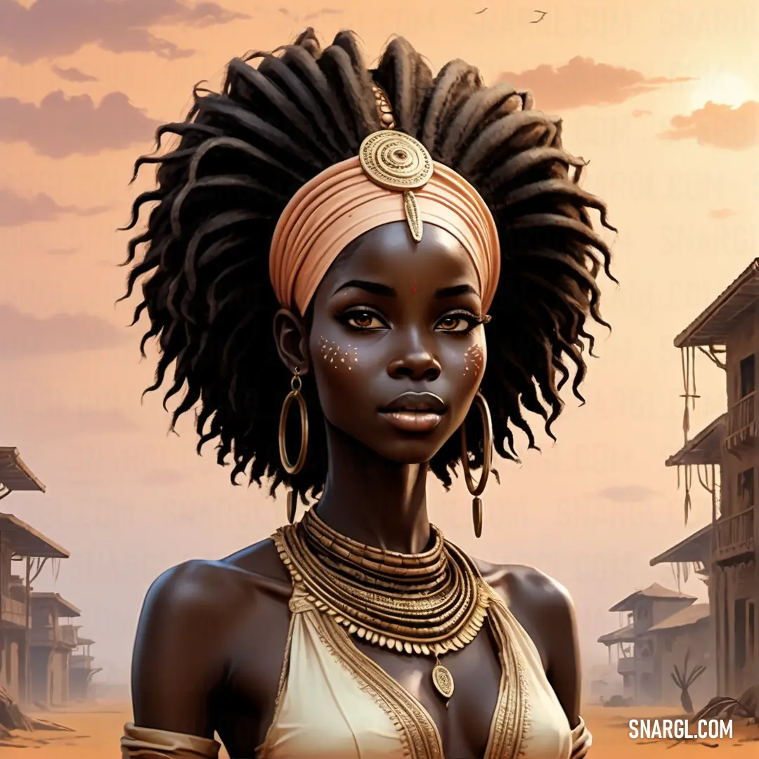 Woman with a head piece and a necklace on her neck and a gold necklace on her neck and a building in the background