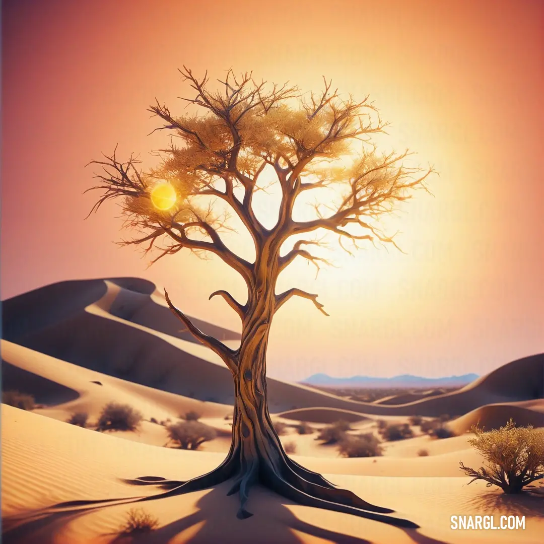 Painting of a tree in the desert at sunset with the sun shining through the branches of the tree. Color NCS S 1030-Y40R.