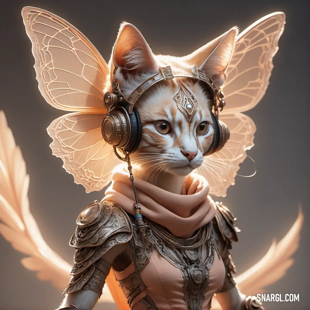 Cat with headphones and a butterfly costume on. Color NCS S 1030-Y50R.