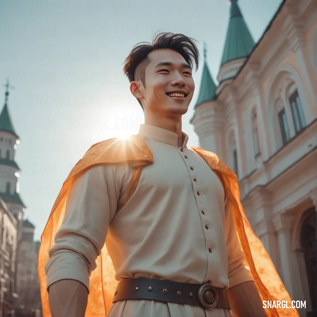 NCS S 1030-Y50R color example: Man in a white shirt and a yellow cape smiles at the camera while standing in front of a building