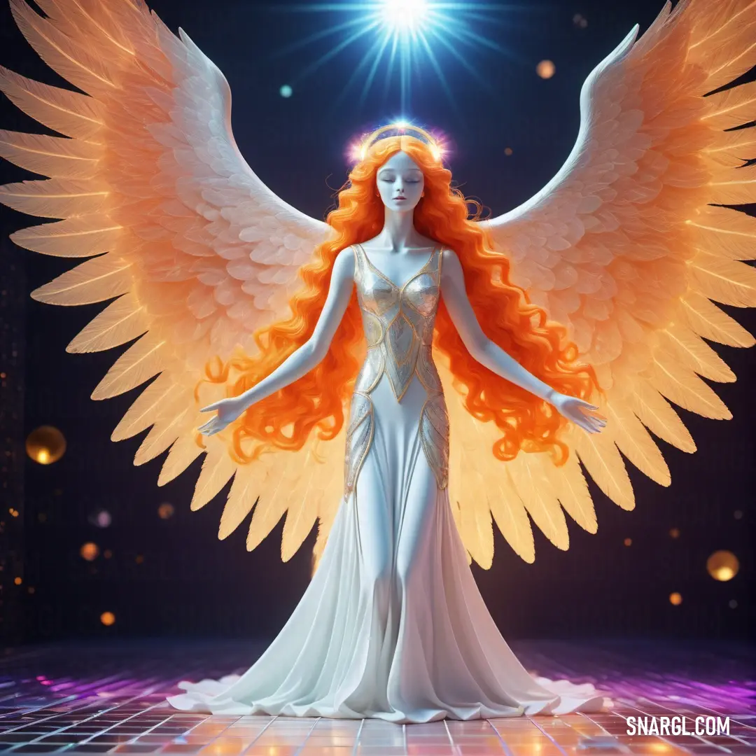 NCS S 1030-Y50R color example: Woman with orange hair and wings standing on a stage with a star above her head