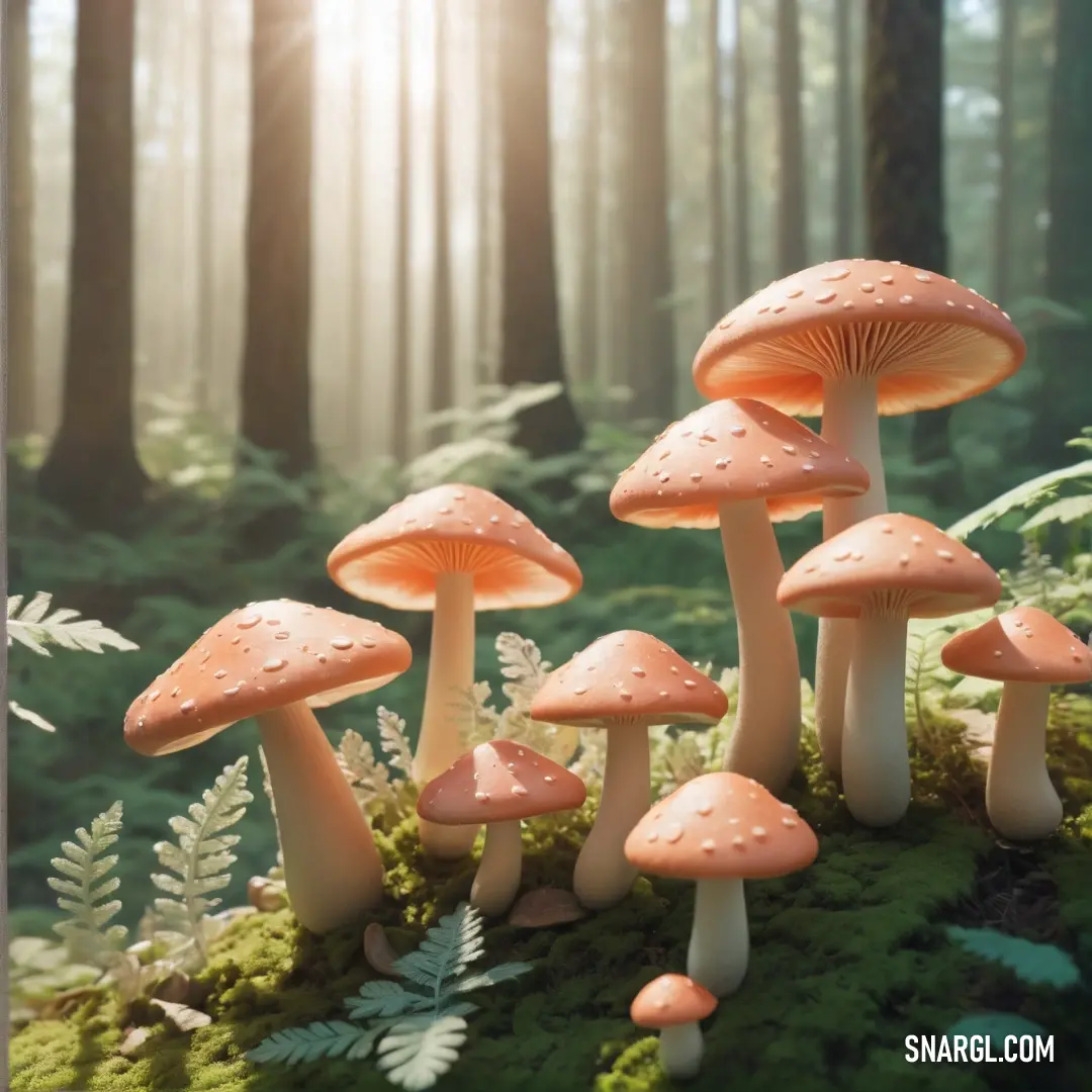 Group of mushrooms are growing on a mossy ground in the woods. Example of CMYK 0,40,45,0 color.