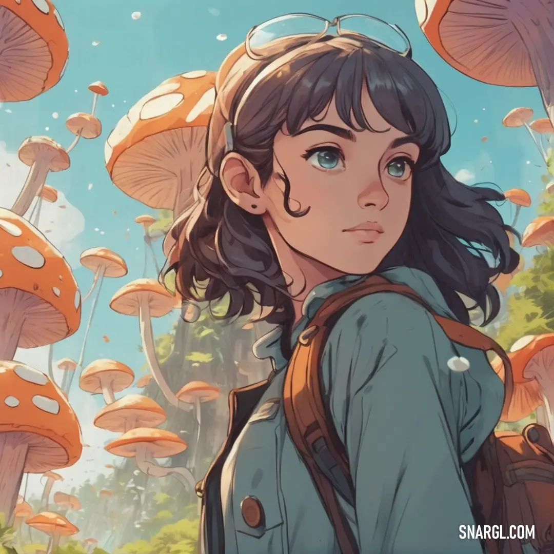 Girl with a backpack standing in front of a bunch of mushrooms in the forest with blue eyes. Example of NCS S 1030-Y60R color.