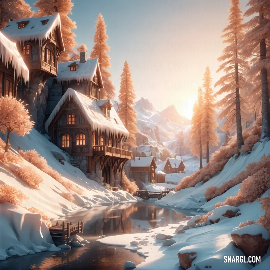 Snowy mountain scene with a house and a stream in the foreground. Example of NCS S 1030-Y60R color.