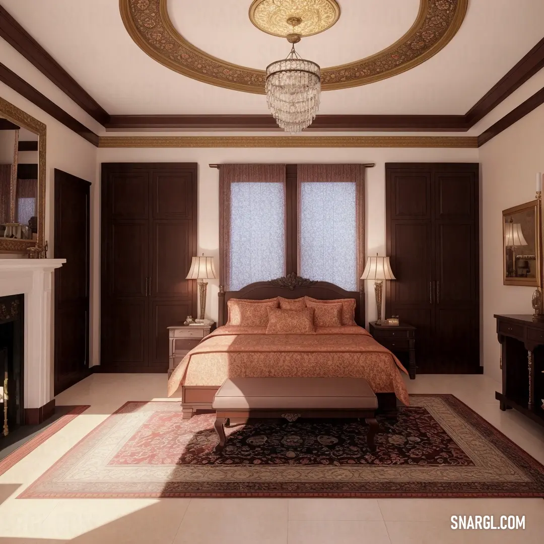 Bedroom with a bed, fireplace and a chandelier in it's centerpieces. Example of RGB 255,168,139 color.