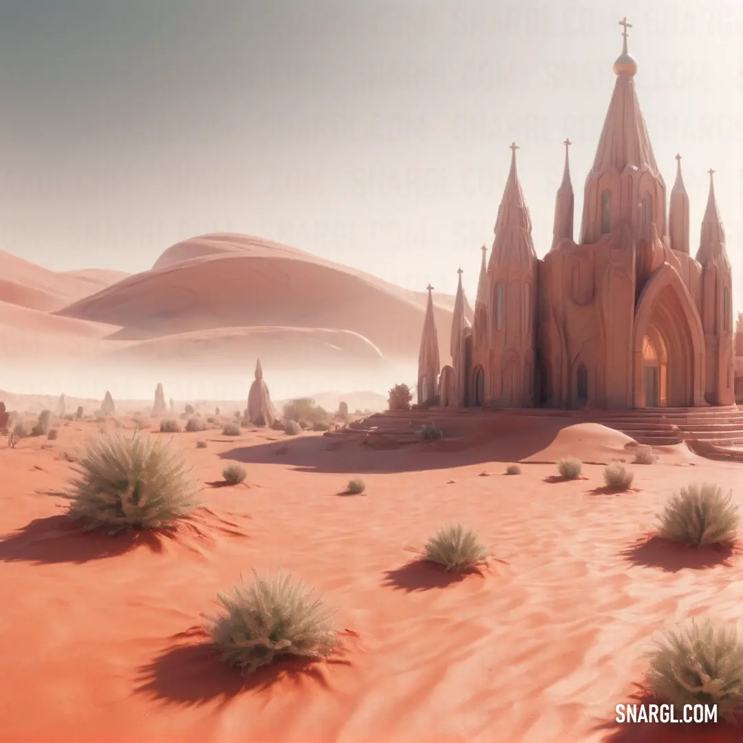 NCS S 1030-Y70R color. Desert scene with a church in the middle of it and a desert landscape in the background