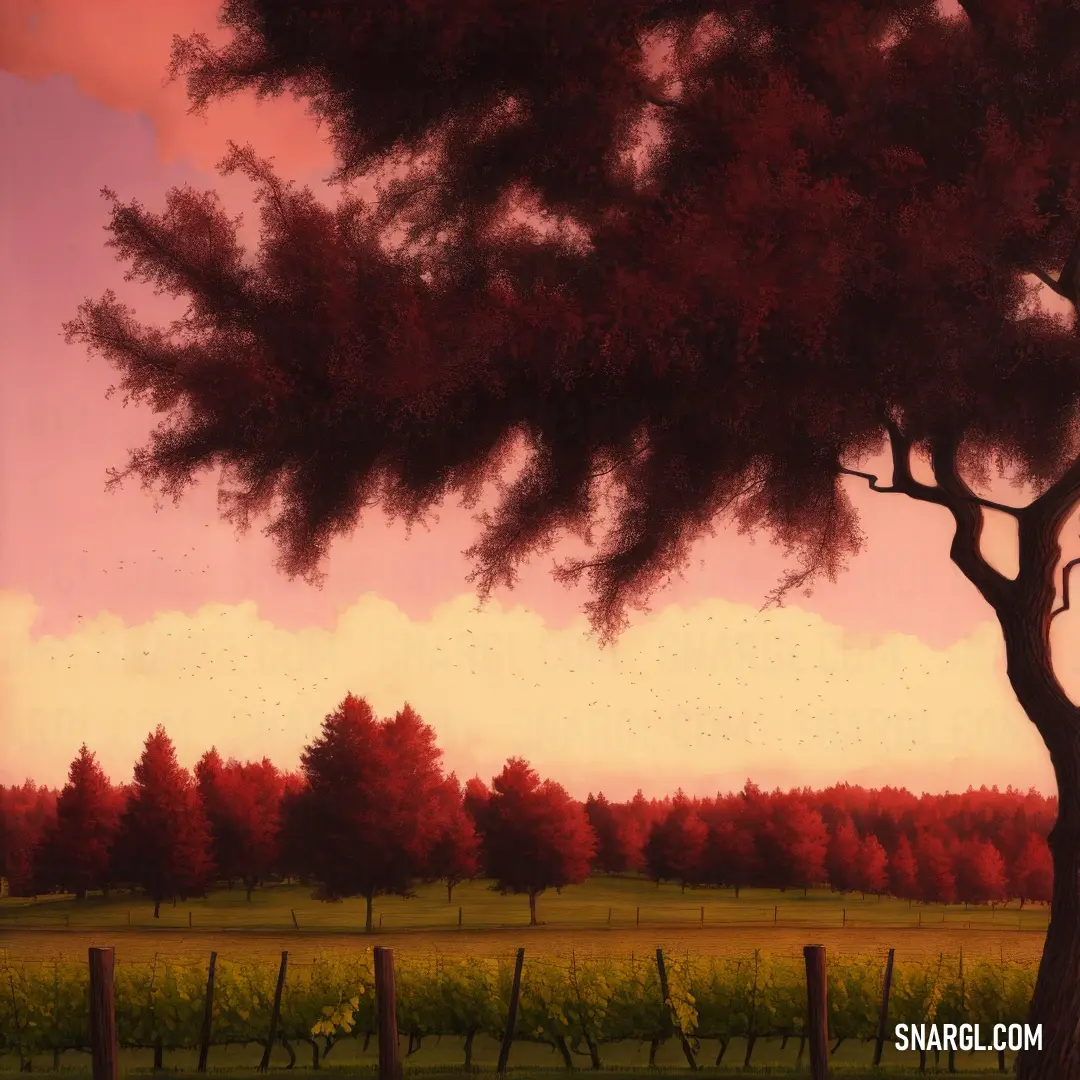 Painting of a tree in a field with a fence and a field in the background. Color #FFA88B.
