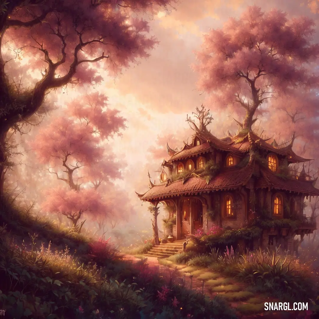 Painting of a house in the woods with a staircase leading to it and a tree in the foreground. Example of NCS S 1030-Y80R color.