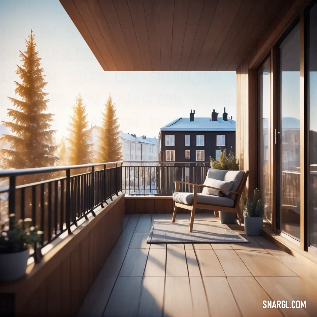 A comfortable chair situated on a balcony, inviting you to gaze out at a picturesque town flanked by green trees. The scene is a delightful blend of urban and natural beauty, providing a peaceful spot for moments of reflection.