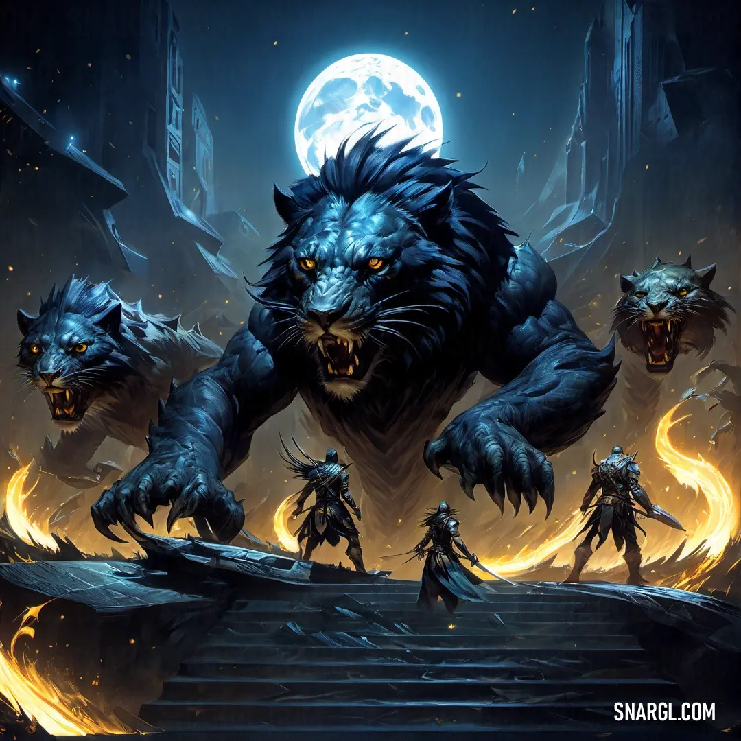 A menacing group of demonic creatures with glowing eyes and jagged claws lurk menacingly, their sinister expressions hinting at supernatural powers, set against an ominous backdrop full of shadows and intrigue.