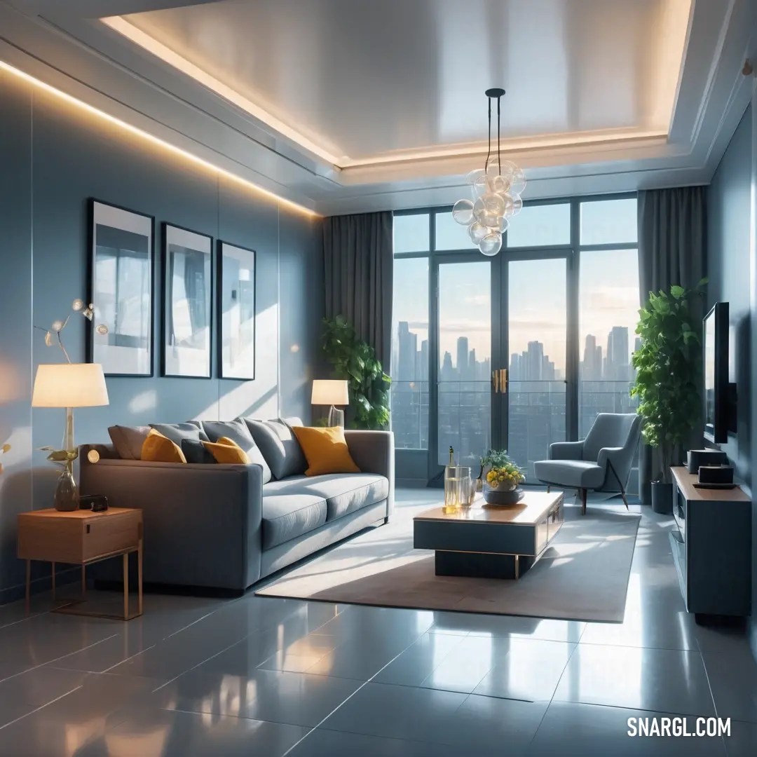 A modern living room designed with a cozy couch, a stylish chair, a sleek table, and an expansive window that offers a stunning city view. The combination of comfort and urban scenery creates a perfect retreat to unwind and relax.