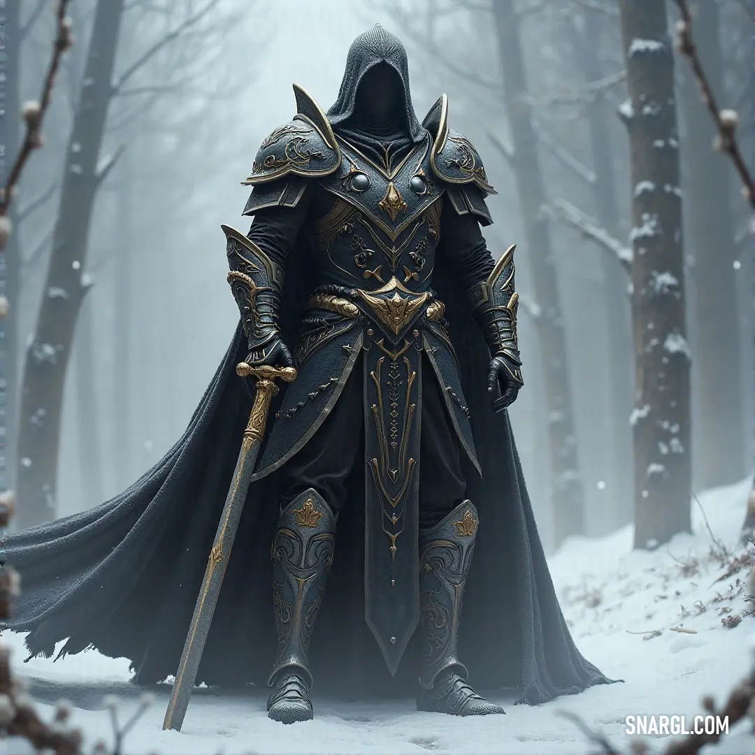 Dressed in a sleek black suit, a figure brandishes a sword with confidence in a captivating snowy forest, where trees and branches create a shadowy backdrop, enhancing the allure of this striking winter scene.