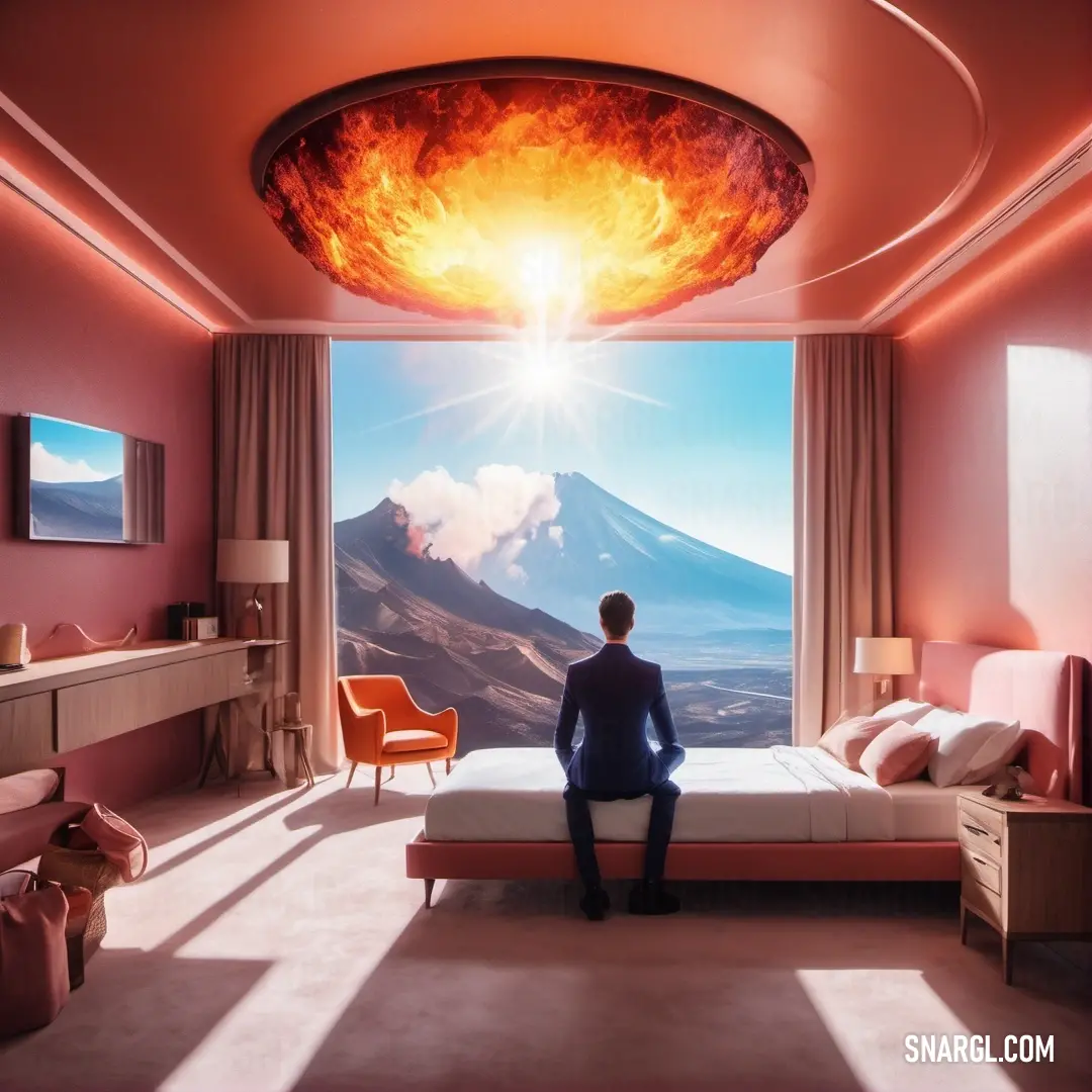 A contemplative moment captured as a man relaxes on a bed, gazing out the window towards a stunning mountain range and volcano in the distance. This scene inspires a connection to nature and a yearning for adventure.