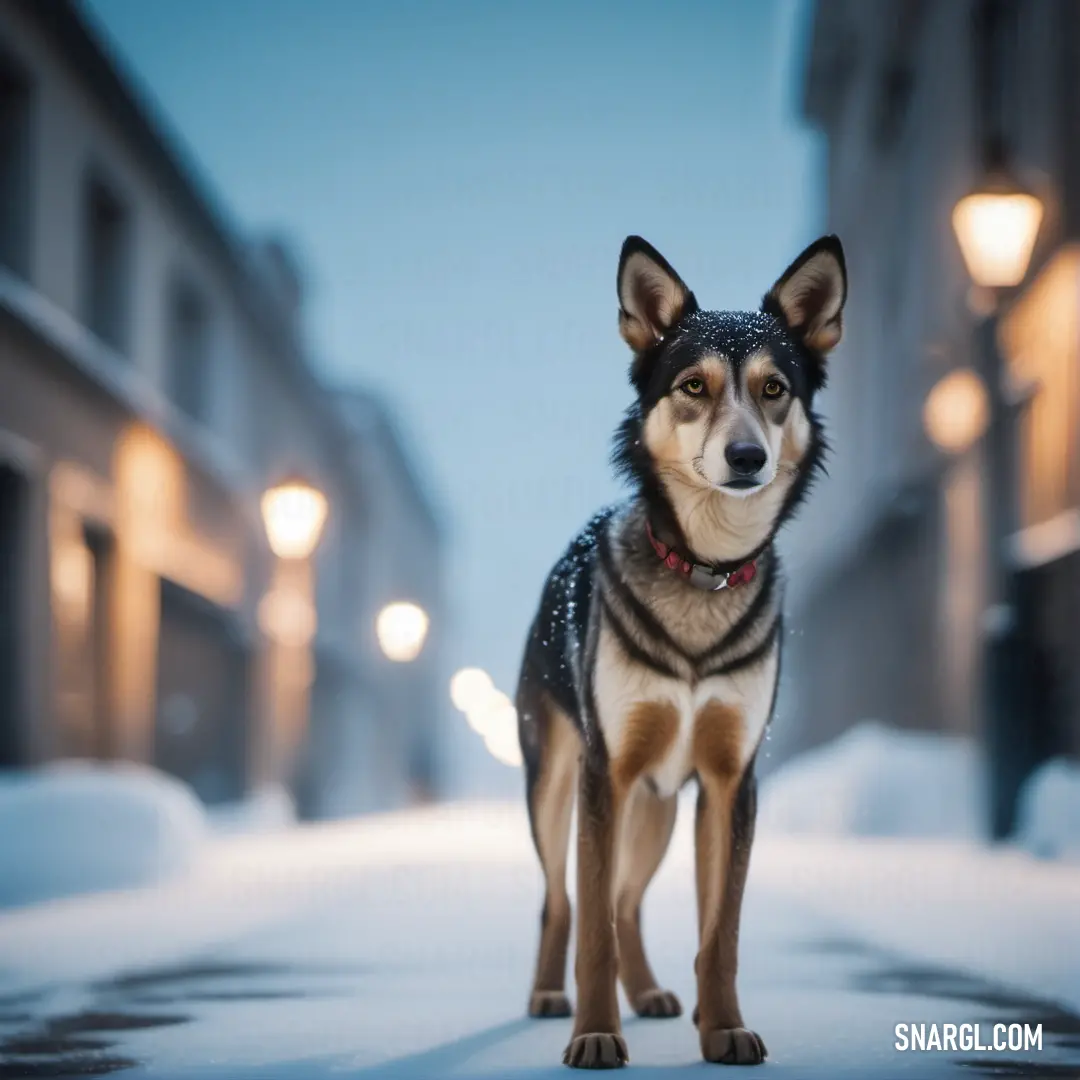 A spirited dog stands proudly on a snow-covered street, its fur contrasting against the pristine snow, embodying joy and playfulness in an enchanting winter wonderland while flakes softly drift around it.